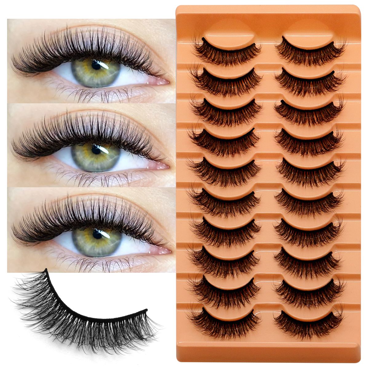 Faux Mink Lash - 10ペアの6Dフェイクミンクまつげ、厚くふわふわしたフルストリップまつげ、柔らかく自然なシミュレーションクロスメッシーカーリーつけまつげ