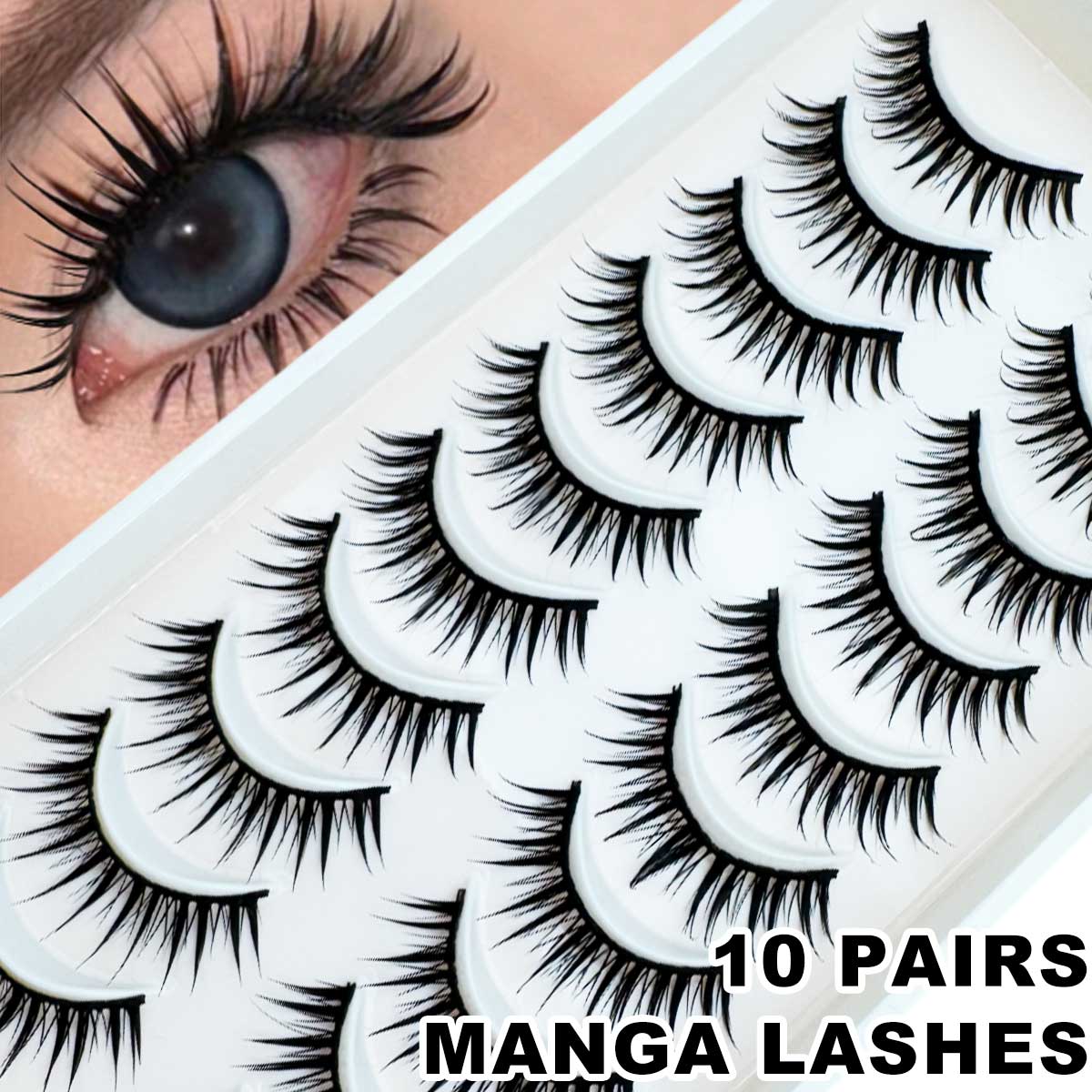 Eyelash Extension Wet Look - 10ペア タイ風キャットアイラッシュ ナチュラルウェットルック ロングマンガまつげ パーティー ハロウィン