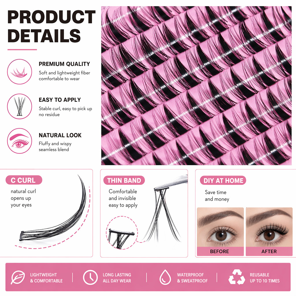 QIUNINGまつげクラスターキット クリアフェアリーまつげ - Eyelash Extension Wet Look のレビューと価格